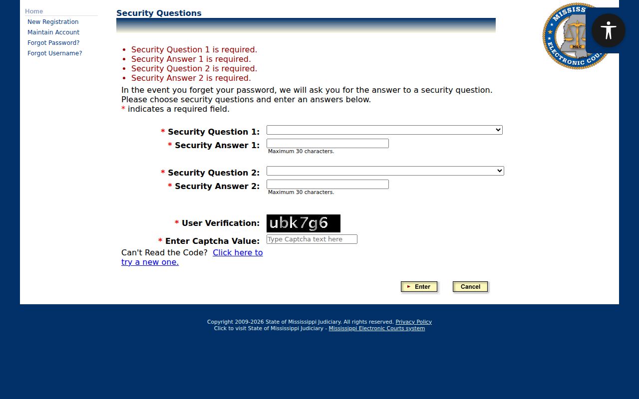 Yalobusha County case search PAMEC account security controls