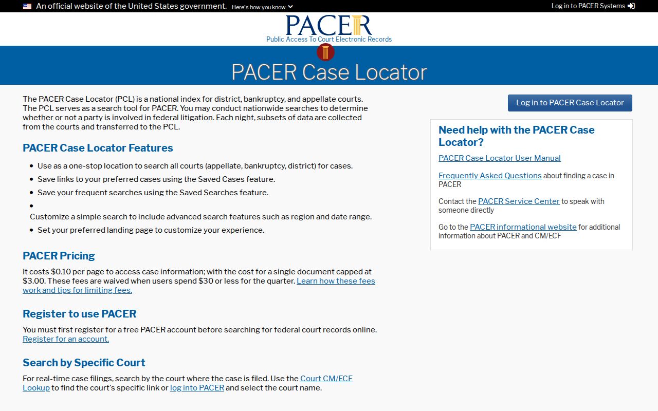 Yalobusha County civil docket PACER Case Locator screen
