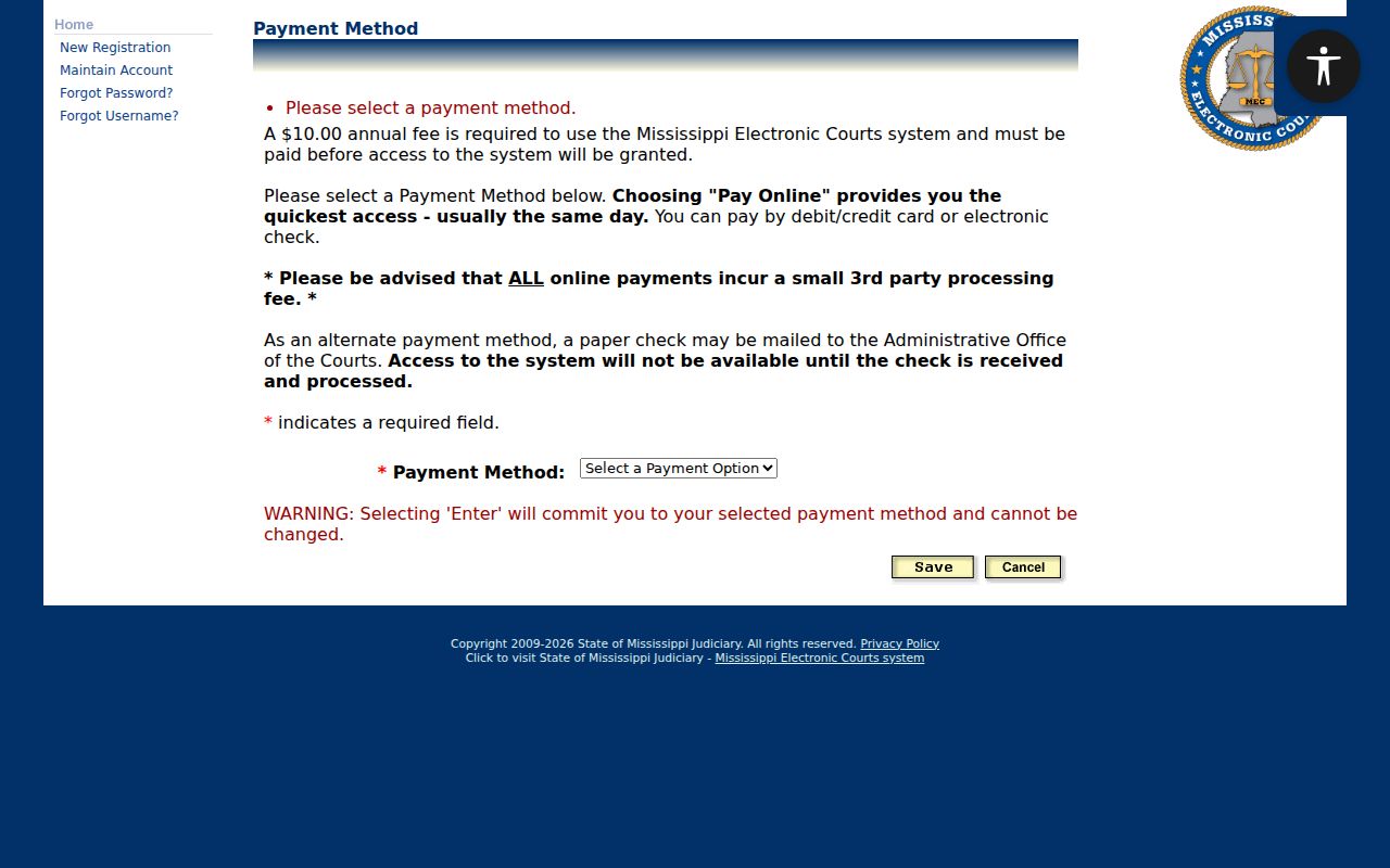 Yalobusha County civil docket PAMEC payment screen