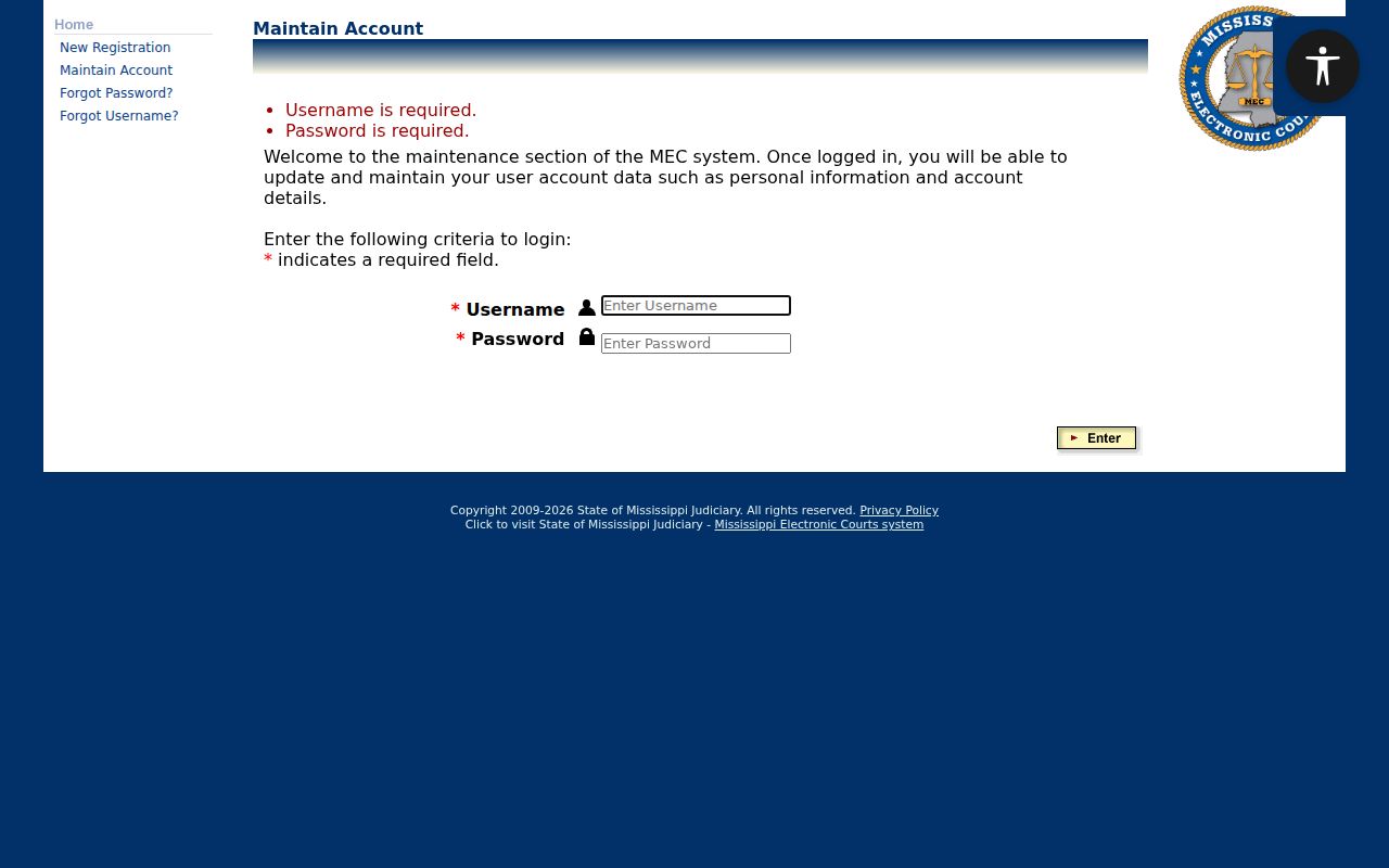 Yalobusha County criminal docket PAMEC login screen